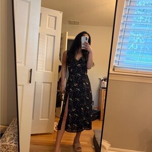Floral V-Neck Black Midi Dress with Side Slit